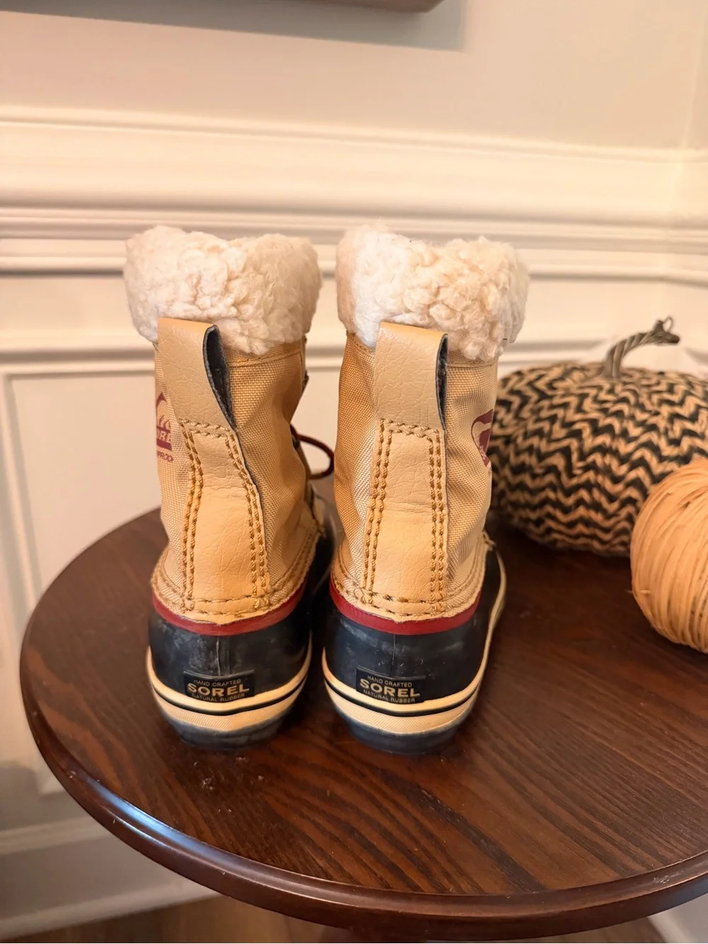 Sorel Yoot Pac Insulated Waterproof Winter Snow Boots Tan and Crimson Kids Sz 13